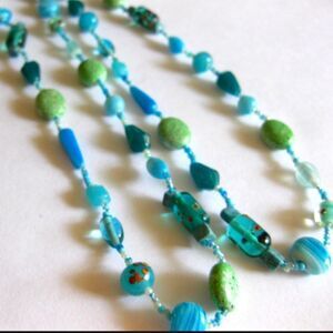 Vintage Turquoise Blue and Green Beaded Glass Murano Necklace 44"